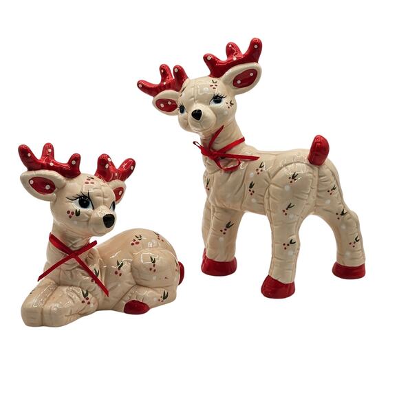 VTG Kimple Ceramic Mold Set/2 Christmas Reindeer with Berry Accents and Red Bows - Picture 7 of 8